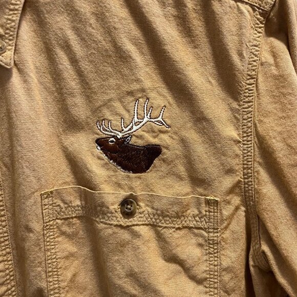 Cabelas Mens Medium Regular Tan Button-Up Shirt With Embroidered Elk Pocket - Picture 3 of 8